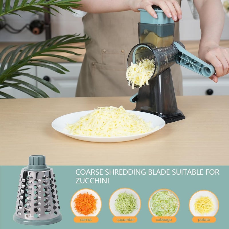 TiwisiTe Rotary Cheese Grater Multi-Purpose Stainless Steel Shredder- Cheese Grater With handle Effortless Grating of Vegetables, Nuts and Fruits,with Suction Base and Cleaning Brush (blue) - Image 2